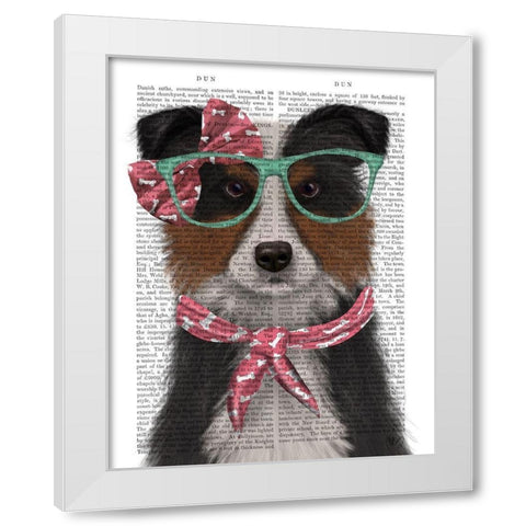 Border Collie, Tricolour, with Glasses and Scarf White Modern Wood Framed Art Print by Fab Funky