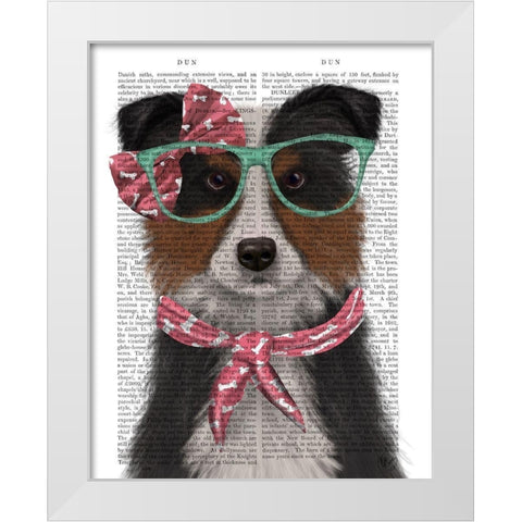 Border Collie, Tricolour, with Glasses and Scarf White Modern Wood Framed Art Print by Fab Funky