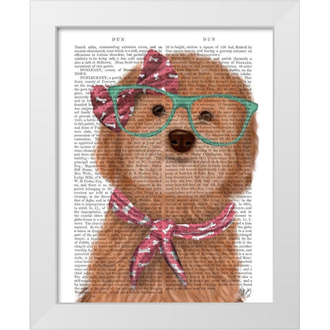 Cockerpoo, Apricot, with Glasses and Scarf White Modern Wood Framed Art Print by Fab Funky