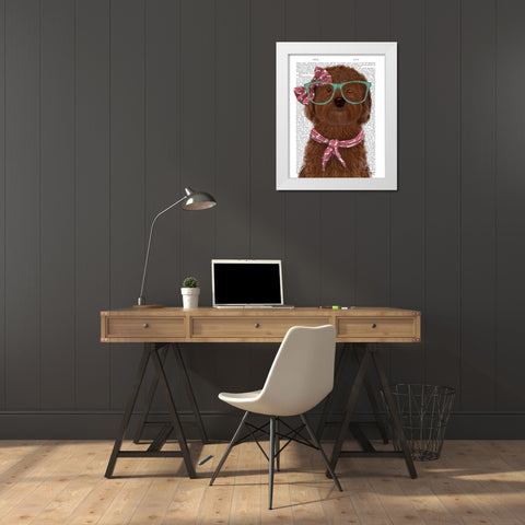 Cockerpoo, Chocolate, with Glasses and Scarf White Modern Wood Framed Art Print by Fab Funky