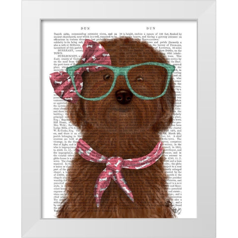 Cockerpoo, Chocolate, with Glasses and Scarf White Modern Wood Framed Art Print by Fab Funky