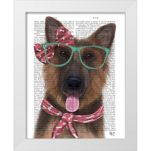 German Shepherd with Glasses and Scarf White Modern Wood Framed Art Print by Fab Funky