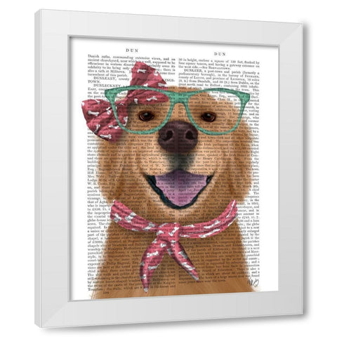 Golden Retriever, Glasses and Scarf White Modern Wood Framed Art Print by Fab Funky