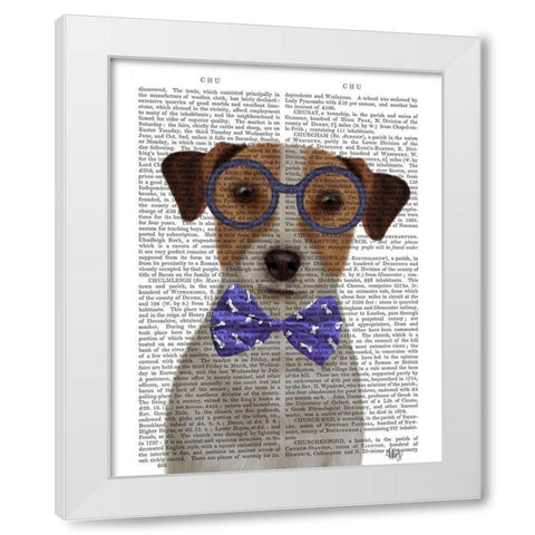 Jack Russell with Glasses and Bow Tie White Modern Wood Framed Art Print by Fab Funky