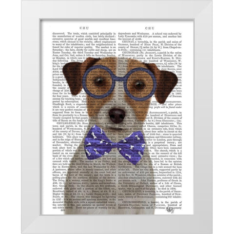 Jack Russell with Glasses and Bow Tie White Modern Wood Framed Art Print by Fab Funky