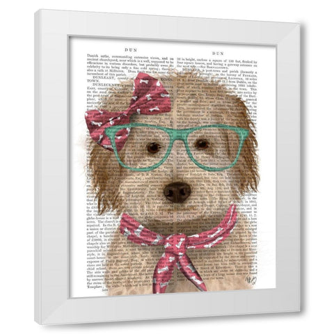 Labradoodle, Cream, with Glasses and Scarf White Modern Wood Framed Art Print by Fab Funky