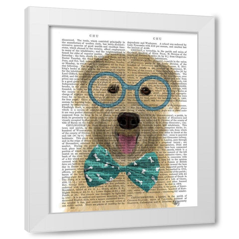Wheaten Terrier with Glasses and Bow Tie White Modern Wood Framed Art Print by Fab Funky