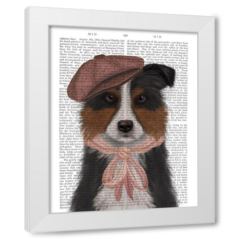 Border Collie Hat and Pink Scarf White Modern Wood Framed Art Print by Fab Funky