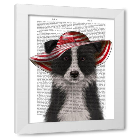 Border Collie in Red and White Floppy Hat White Modern Wood Framed Art Print by Fab Funky