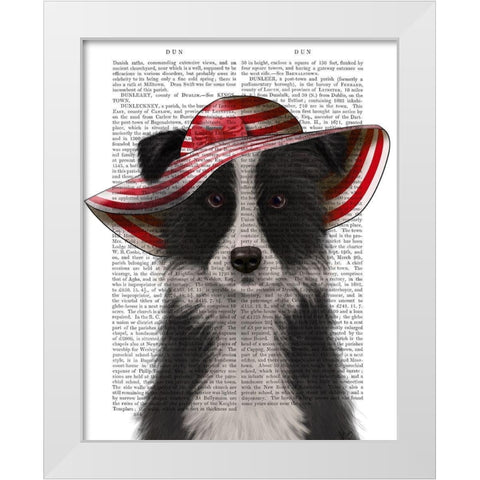 Border Collie in Red and White Floppy Hat White Modern Wood Framed Art Print by Fab Funky