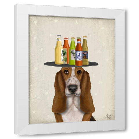 Basset Hound Beer Lover White Modern Wood Framed Art Print by Fab Funky