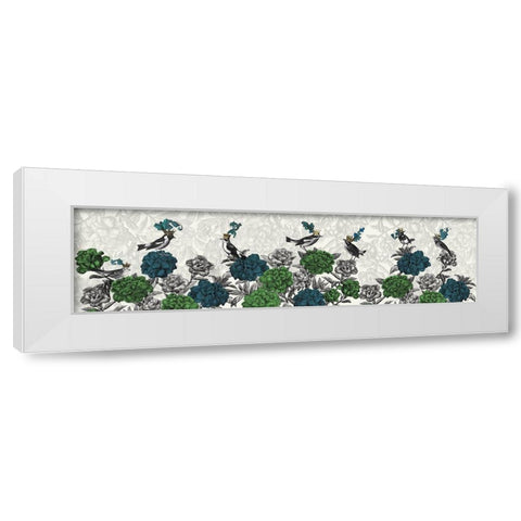Blooming Birds, Blue and Green White Modern Wood Framed Art Print by Fab Funky