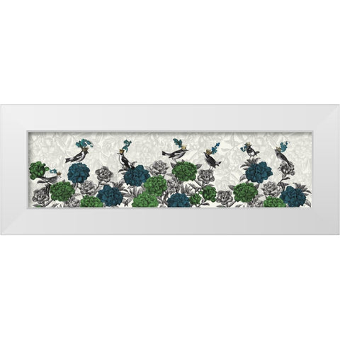 Blooming Birds, Blue and Green White Modern Wood Framed Art Print by Fab Funky
