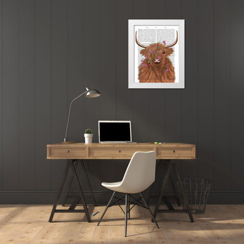 Highland Cow 1, Pink Flowers Book Print White Modern Wood Framed Art Print by Fab Funky