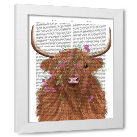 Highland Cow 1, Pink Flowers Book Print White Modern Wood Framed Art Print by Fab Funky