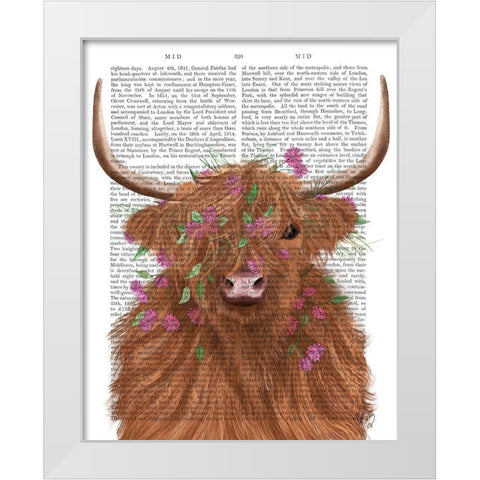 Highland Cow 1, Pink Flowers Book Print White Modern Wood Framed Art Print by Fab Funky