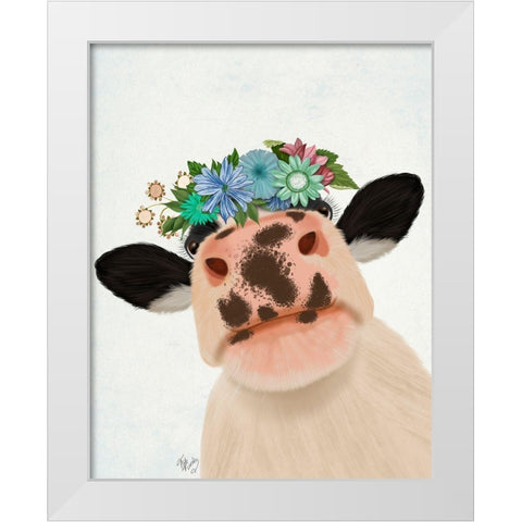 Cow with Flower Crown 1 White Modern Wood Framed Art Print by Fab Funky