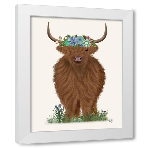 Highland Cow with Flower Crown 2, Full White Modern Wood Framed Art Print by Fab Funky