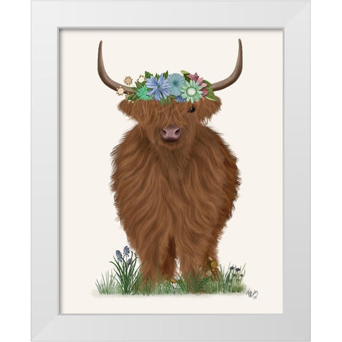Highland Cow with Flower Crown 2, Full White Modern Wood Framed Art Print by Fab Funky