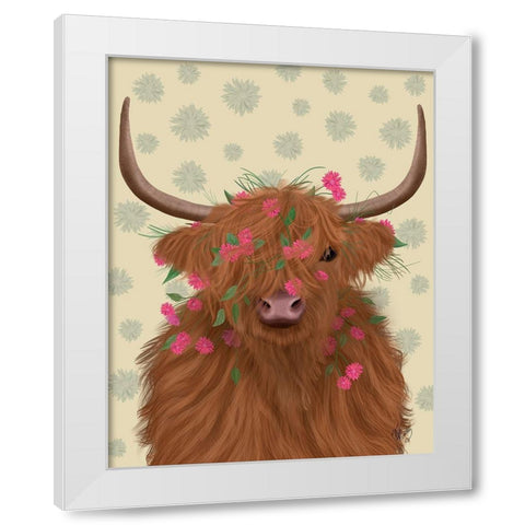 Highland Cow 1, Pink Flowers White Modern Wood Framed Art Print by Fab Funky