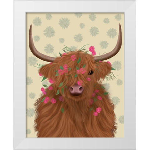 Highland Cow 1, Pink Flowers White Modern Wood Framed Art Print by Fab Funky