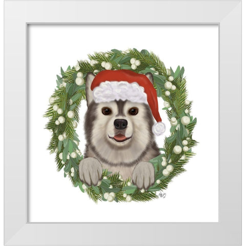 Christmas Des - Husky Wreath White Modern Wood Framed Art Print by Fab Funky