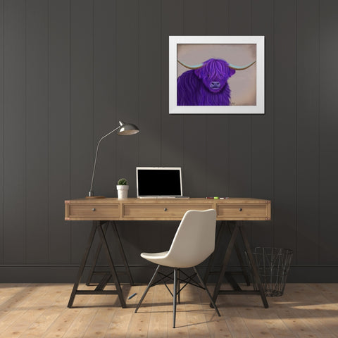 Highland Cow 5, Purple, Portrait White Modern Wood Framed Art Print by Fab Funky