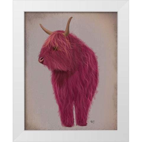 Highland Cow 4, Pink, Full White Modern Wood Framed Art Print by Fab Funky