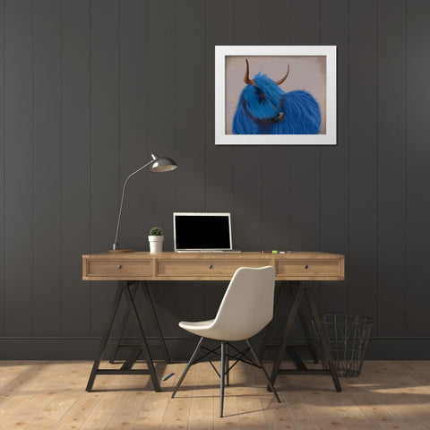 Highland Cow 2, Blue, Portrait White Modern Wood Framed Art Print by Fab Funky
