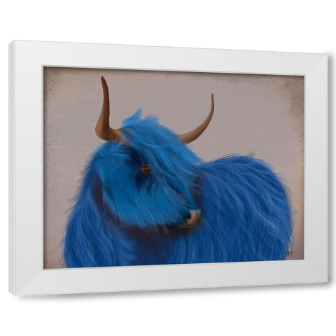Highland Cow 2, Blue, Portrait White Modern Wood Framed Art Print by Fab Funky
