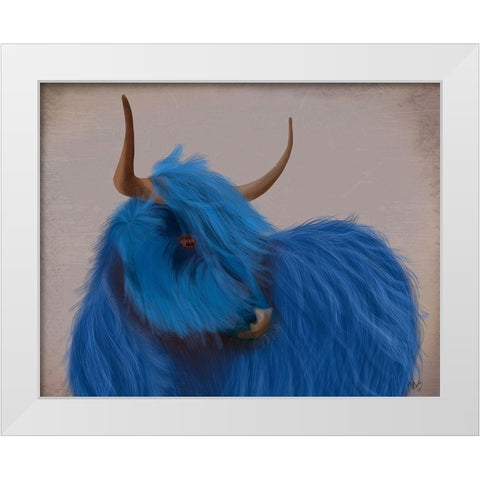 Highland Cow 2, Blue, Portrait White Modern Wood Framed Art Print by Fab Funky