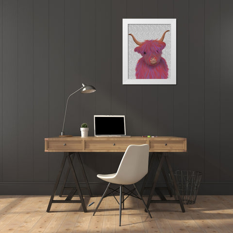 Highland Cow 7, Pink And Purple, Portrait White Modern Wood Framed Art Print by Fab Funky