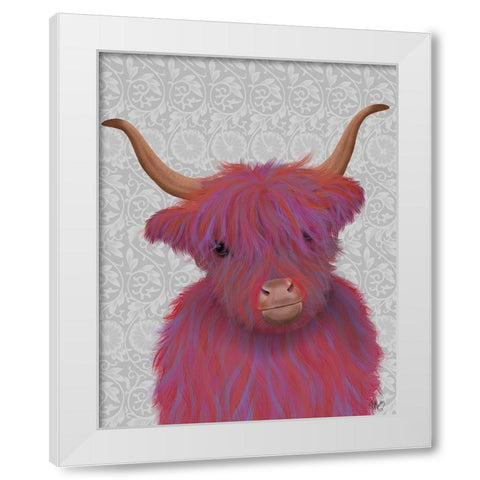Highland Cow 7, Pink And Purple, Portrait White Modern Wood Framed Art Print by Fab Funky