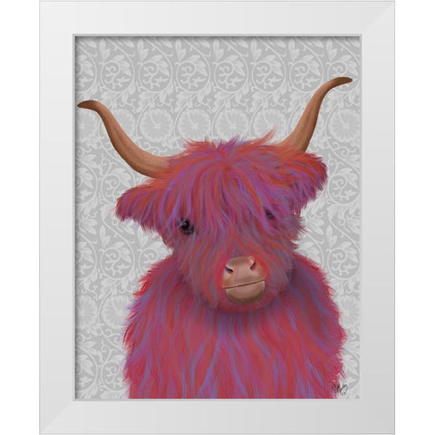 Highland Cow 7, Pink And Purple, Portrait White Modern Wood Framed Art Print by Fab Funky
