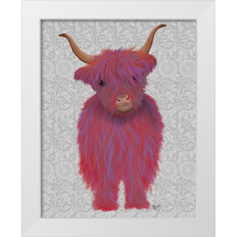 Highland Cow 7, Pink And Purple, Full White Modern Wood Framed Art Print by Fab Funky