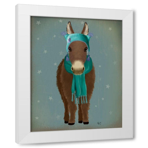 Donkey Blue Hat and Scarf White Modern Wood Framed Art Print by Fab Funky
