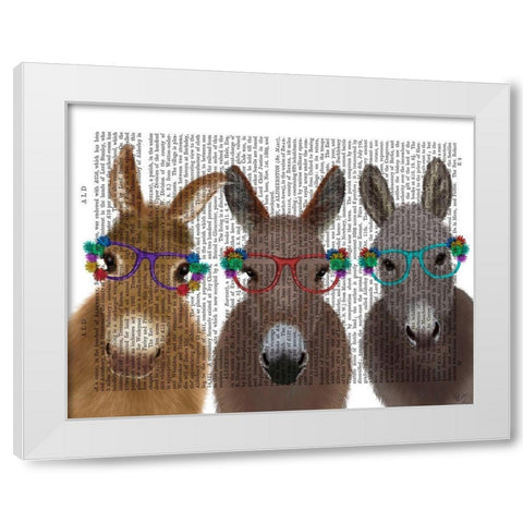 Donkey Trio Flower Glasses Book Print White Modern Wood Framed Art Print by Fab Funky
