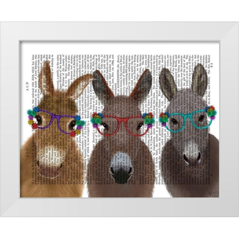 Donkey Trio Flower Glasses Book Print White Modern Wood Framed Art Print by Fab Funky