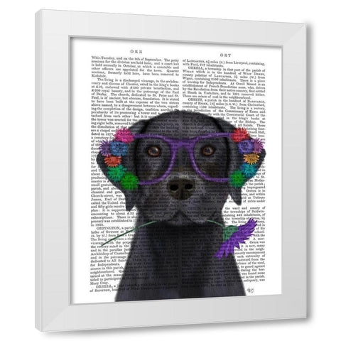 Black Labrador and Flower Glasses Book Print White Modern Wood Framed Art Print by Fab Funky