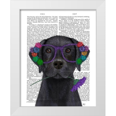 Black Labrador and Flower Glasses Book Print White Modern Wood Framed Art Print by Fab Funky