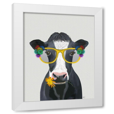 Cow and Flower Glasses White Modern Wood Framed Art Print by Fab Funky