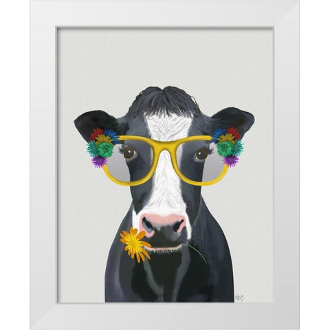 Cow and Flower Glasses White Modern Wood Framed Art Print by Fab Funky