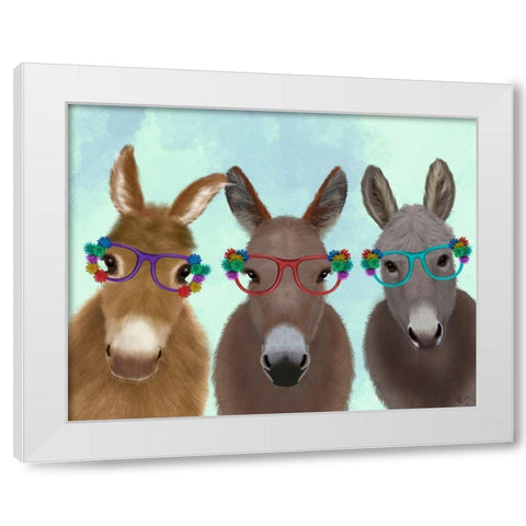 Donkey Trio Flower Glasses White Modern Wood Framed Art Print by Fab Funky