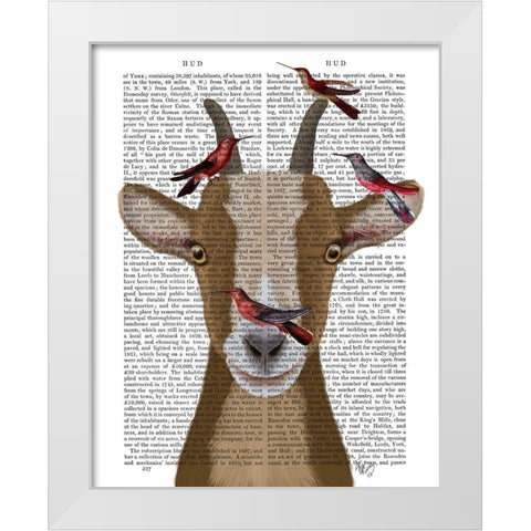Goat and Red Birds Book Print White Modern Wood Framed Art Print by Fab Funky