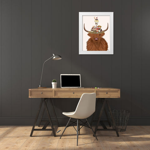 Highland Cow and Ice Cream Hat White Modern Wood Framed Art Print by Fab Funky