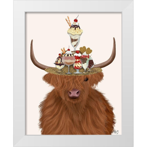 Highland Cow and Ice Cream Hat White Modern Wood Framed Art Print by Fab Funky