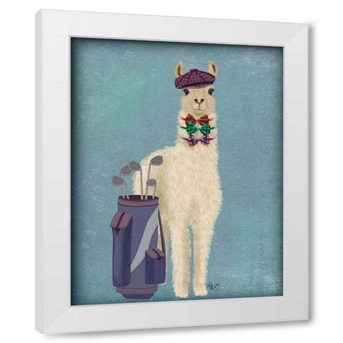 Llama Golfing White Modern Wood Framed Art Print by Fab Funky