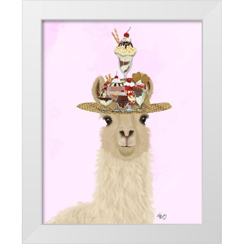 Llama Ice Cream Hat White Modern Wood Framed Art Print by Fab Funky