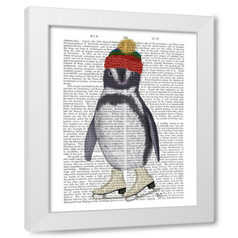 Penguin Ice Skating Book Print White Modern Wood Framed Art Print by Fab Funky