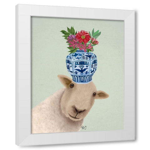 Sheep with Vase of Flowers White Modern Wood Framed Art Print by Fab Funky